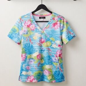 Koi Lite M Lotus Koi Fish Mesh Scrub Top Blue Pink Floral V-Neck 350PR Womens